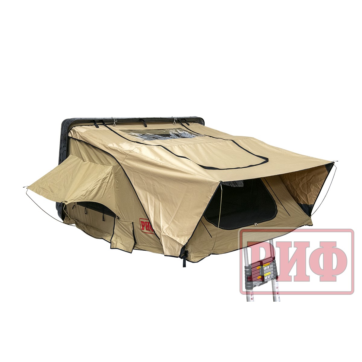 Палатка на крышу автомобиля РИФ Hard RT03-140, корпус черный, тент песочный 220х200х105 см